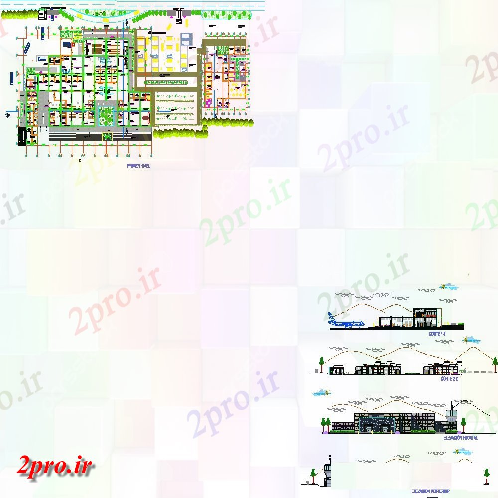 دانلود نقشه فرودگاه جزئیات دو بعدی  پلان طرحی از فرودگاه ساختمان ترمینال  (کد124154)