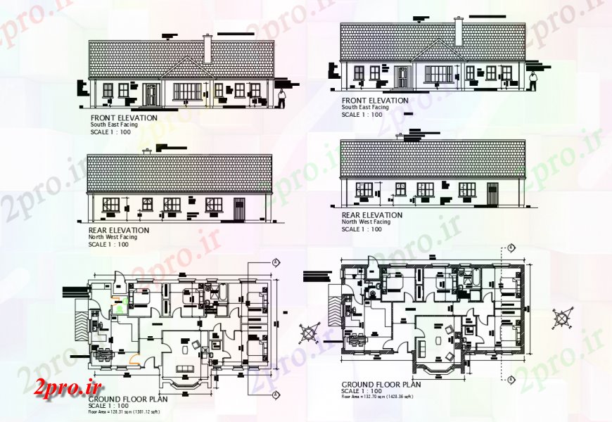 دانلود نقشه مسکونی ، ویلایی ، آپارتمان خانه Family تمام نما و طبقه همکف طرحی طرفه جزئیات 8 در 17 متر (کد124160)