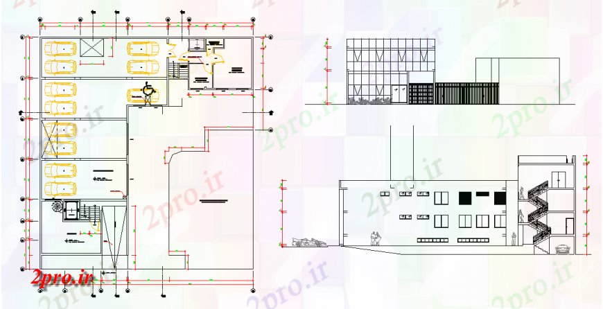 دانلود نقشه ساختمان اداری - تجاری - صنعتی پارکینگ دراز کردن و ساختمان نمای و بخش 27 در 30 متر (کد124189)