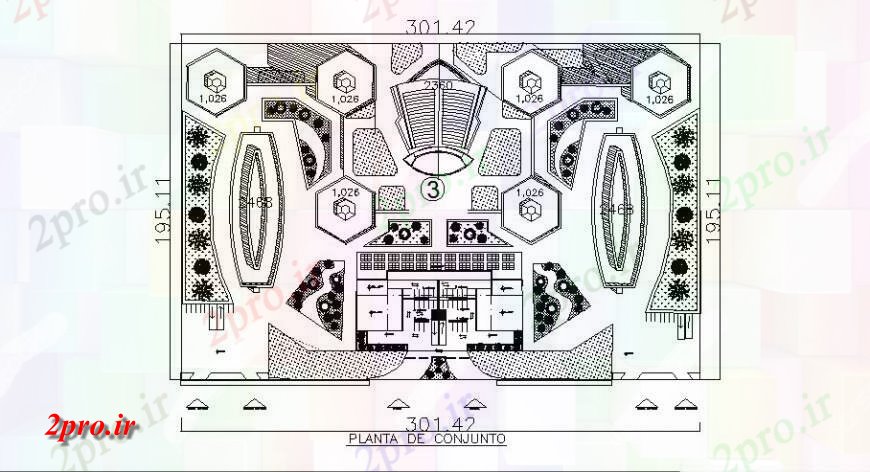 دانلود نقشه باغ محوطه سازی جزئیات طرحی بالای صفحه اتوکد 45 در 100 متر (کد124216)