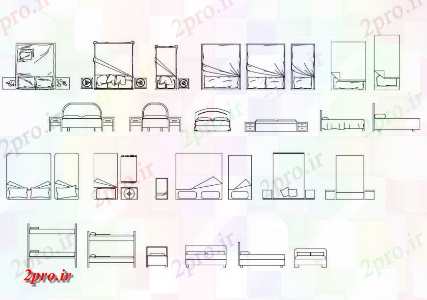 دانلود نقشه بلوک مبلمان نماات مختلف از جزئیات تخت  بلوک مبلمان  (کد124235)