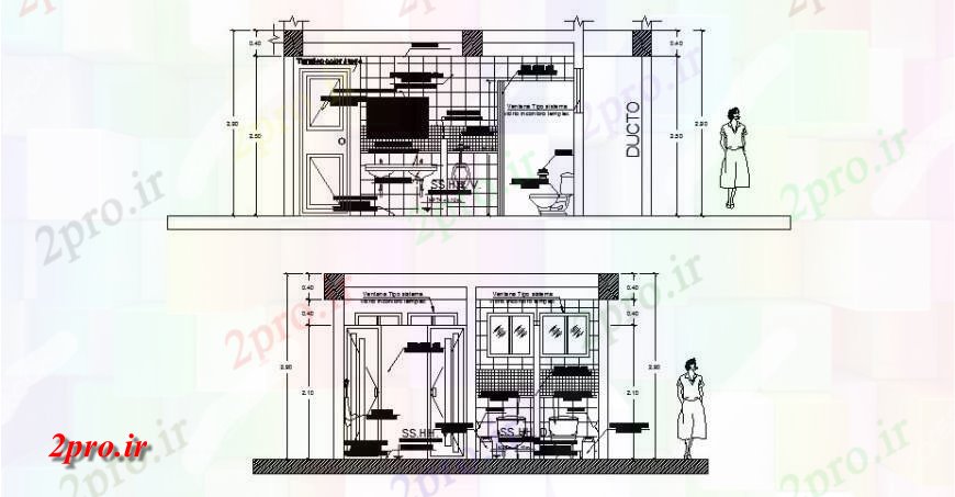 دانلود نقشه حمام مستر توالت نما مقطعی طراحی  اتوکد (کد124246)