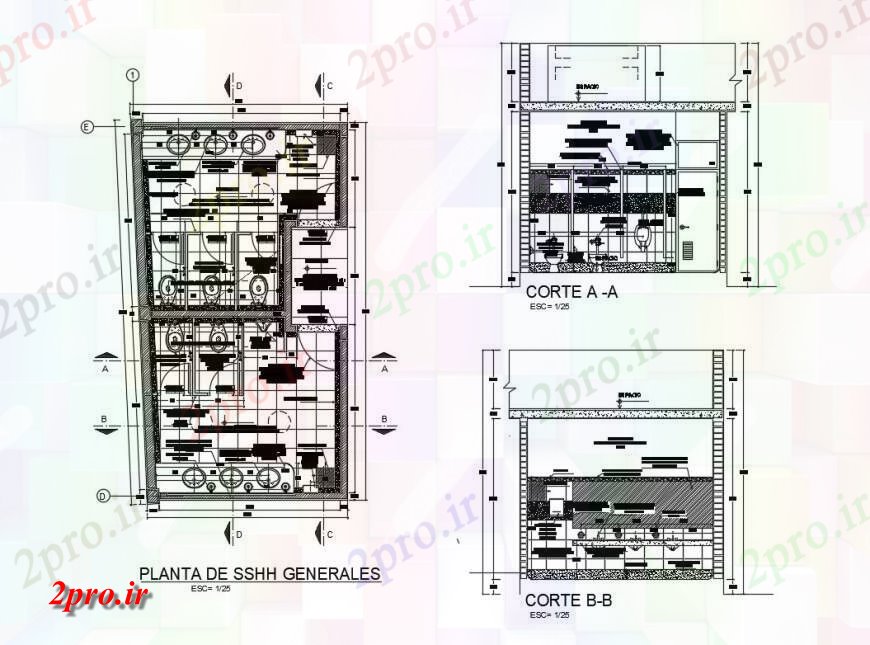 دانلود نقشه بلوک های بهداشتی برنامه و جزئیات مقطعی از توالت عمومی  چیدمان  دو بعدی  اتوکد (کد124259)