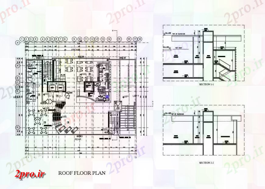 دانلود نقشه جزئیات فضای داخلی ناهار خوری  برنامه و جزئیات مقطعی از ساختمان رستوران  مبلمان (کد124266)