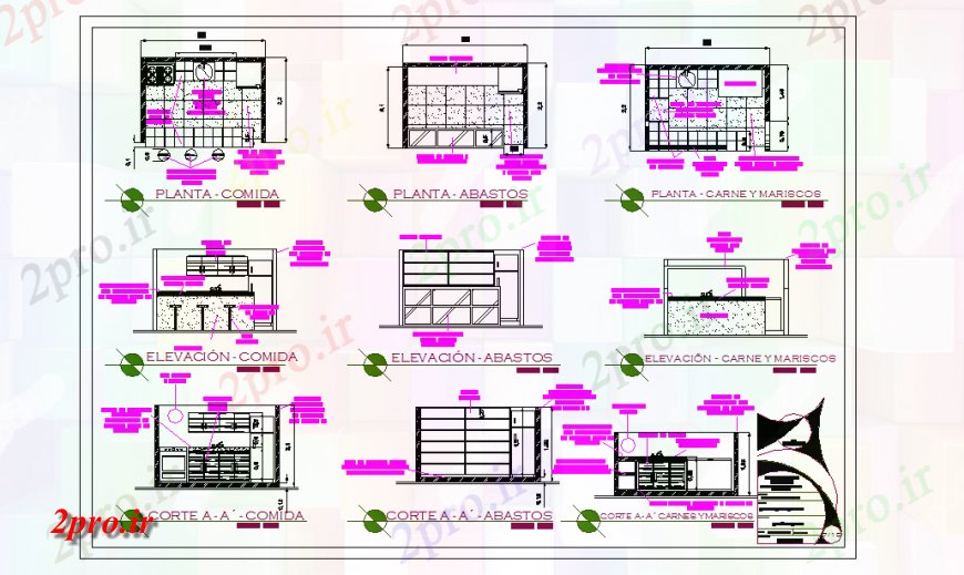 دانلود نقشه آشپزخانه آشپزخانه مبلمان نمای و بخش و جزئیات طرح (کد124312)