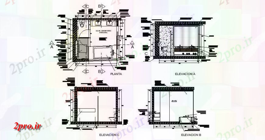 دانلود نقشه حمام مستر طرحی توالت و جزئیات نما طراحی اتوکد 4 در 4 متر (کد124334)