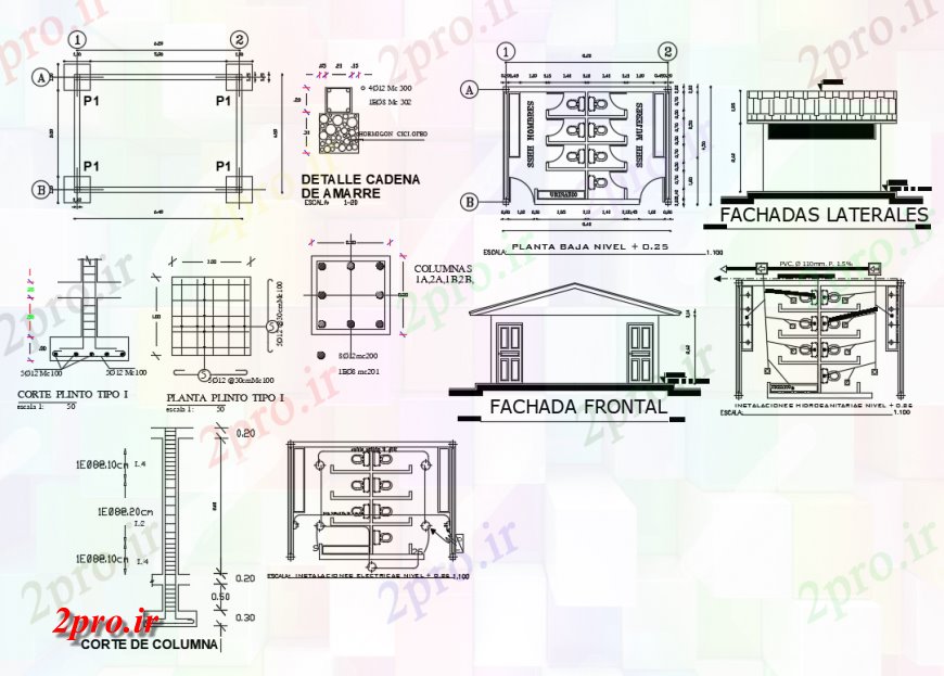 دانلود نقشه حمام مستر بهداشتی نما، بخش، برنامه ریزی، نصب و راه اندازی و ستون جزئیات (کد124367)