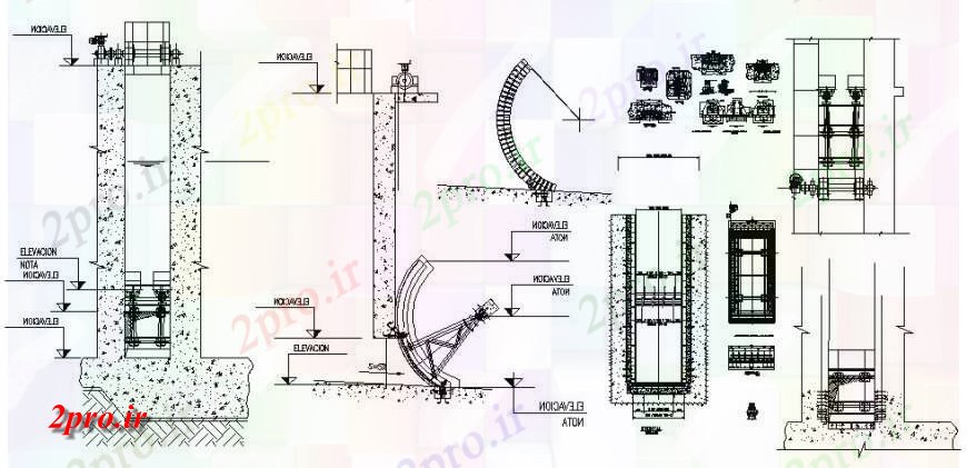 دانلود نقشه جزئیات ساخت و ساز دروازه شعاعی و جزئیات سیستم جرثقیل طراحی  اتوکد (کد124396)