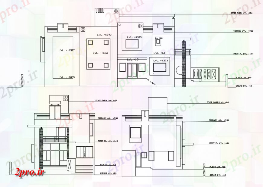 دانلود نقشه مسکونی  ، ویلایی ، آپارتمان  نما خانه و بخش با سطح زمین به پله کابین سطح (کد124483)