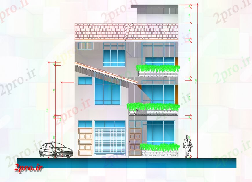 دانلود نقشه مسکونی ، ویلایی ، آپارتمان نما جزئیات نما سه سطح خانه 8 در 17 متر (کد124490)