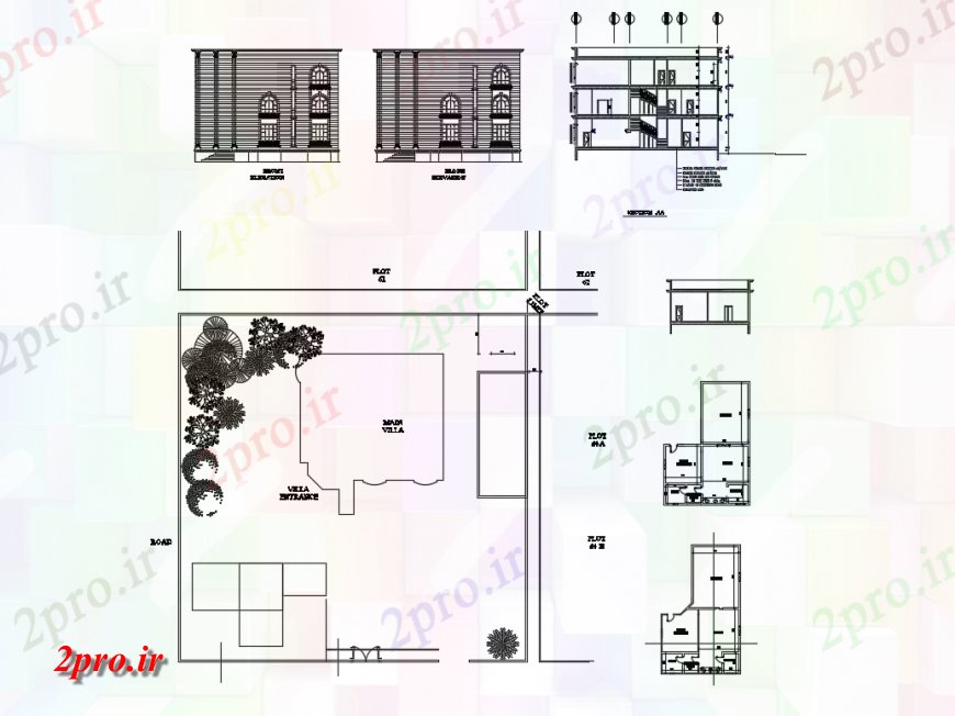 دانلود نقشه مسکونی ، ویلایی ، آپارتمان ویلا نما، بخش، سایت پلان و خودکار جزئیات 16 در 18 متر (کد124587)