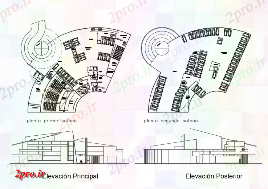 دانلود نقشه ساختمان دولتی ، سازمانی مرکز فرهنگ نما و نما عقب و اول و دوم طرحی طبقه جزئیات 49 در 70 متر (کد124589)
