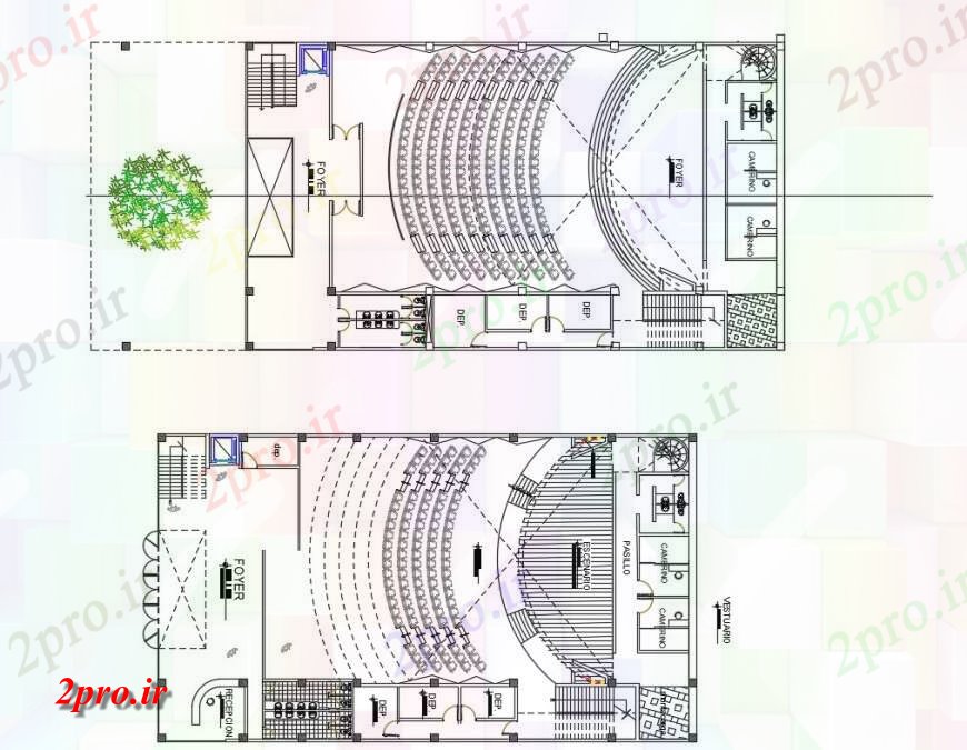 دانلود نقشه تئاتر چند منظوره - سینما - سالن کنفرانس - سالن همایشطرحی جزئیات معماری سالن ساخت دو بعدی نظر 20 در 34 متر (کد124626)