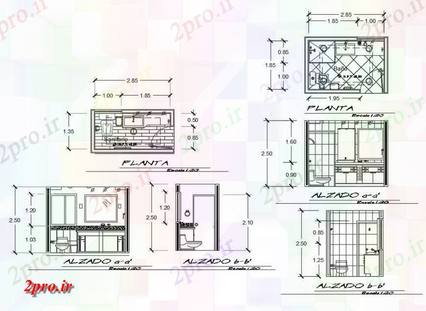 دانلود نقشه حمام مستر بخش و طرحی جزئیات از توالت بهداشتی و حمام  دو بعدی  بلوک  (کد124643)