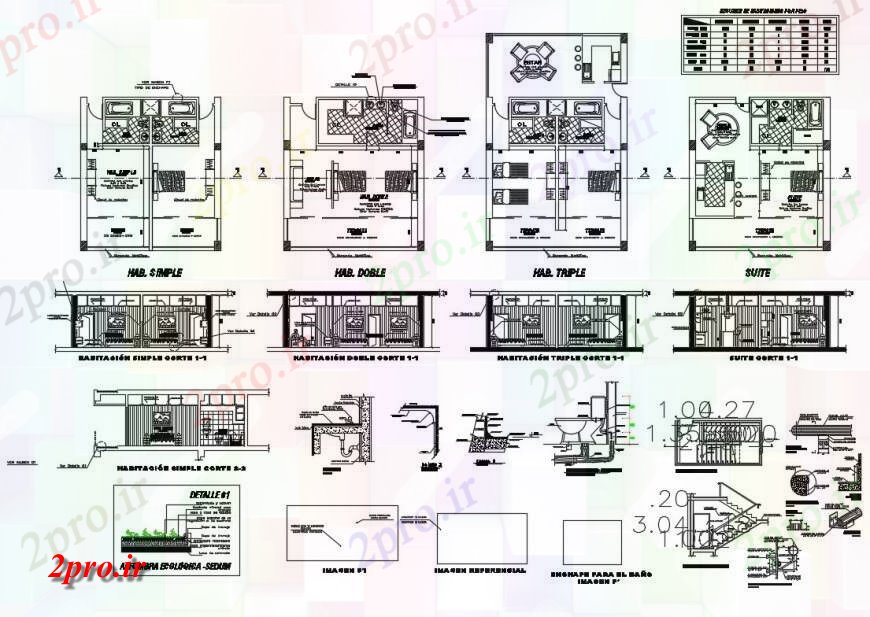 دانلود نقشه حمام مستر برنامه و جزئیات مقطعی از اتاق خواب و دیگر واحد های ساخت و ساز  دو بعدی   (کد124650)