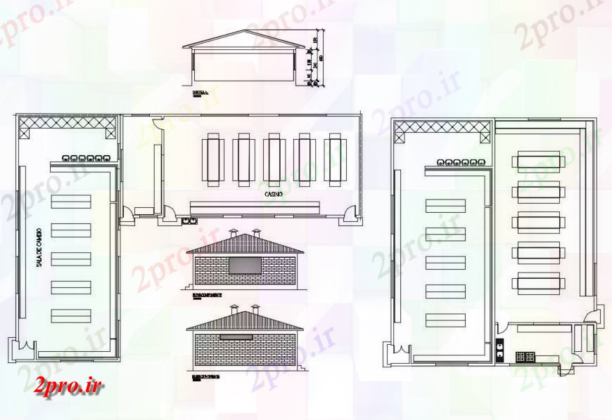 دانلود نقشه هتل - رستوران - اقامتگاه کازینو با نما رستوران و طرحی جزئیات 19 در 26 متر (کد124651)