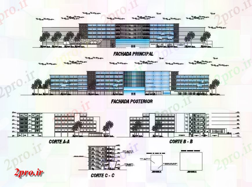 دانلود نقشه ساختمان اداری - تجاری - صنعتی نما و جزئیات مقطعی تجارت ساخت دو بعدی نظر طرحی 47 در 170 متر (کد124654)