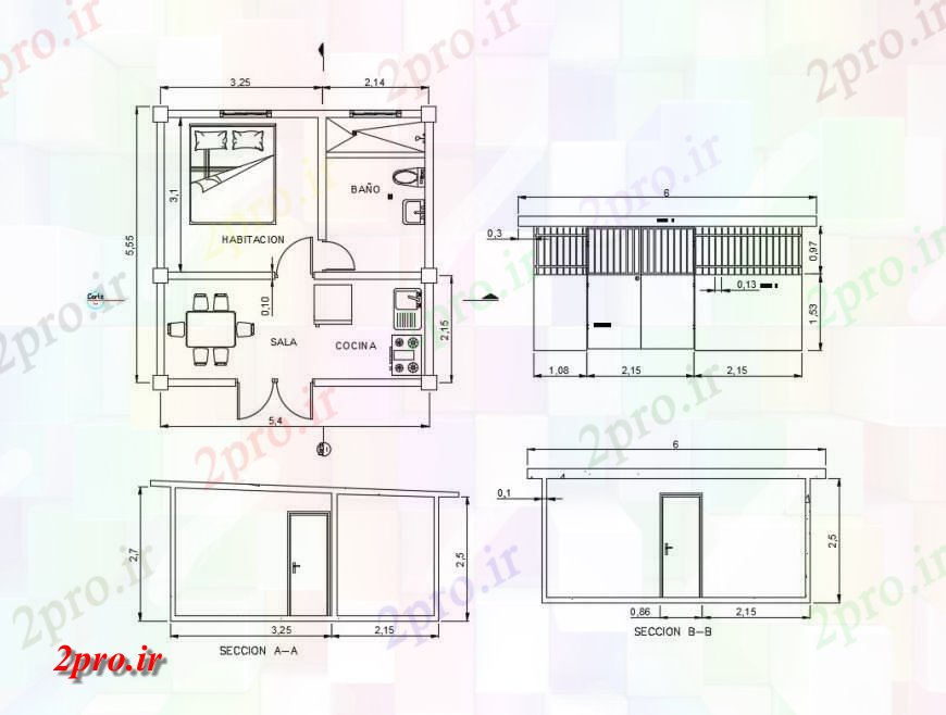 دانلود نقشه مسکونی  ، ویلایی ، آپارتمان  یکی BHK خانه جزئیات  طرحی بلوک ساخت و ساز ، (کد124666)