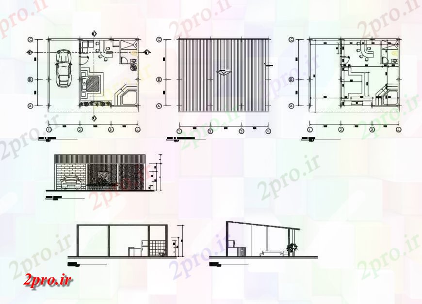 دانلود نقشه مسکونی ، ویلایی ، آپارتمان طرحی خانه، نما و جزئیات مقطعی طرحی دو بعدی اتوکد 6 در 7 متر (کد124686)