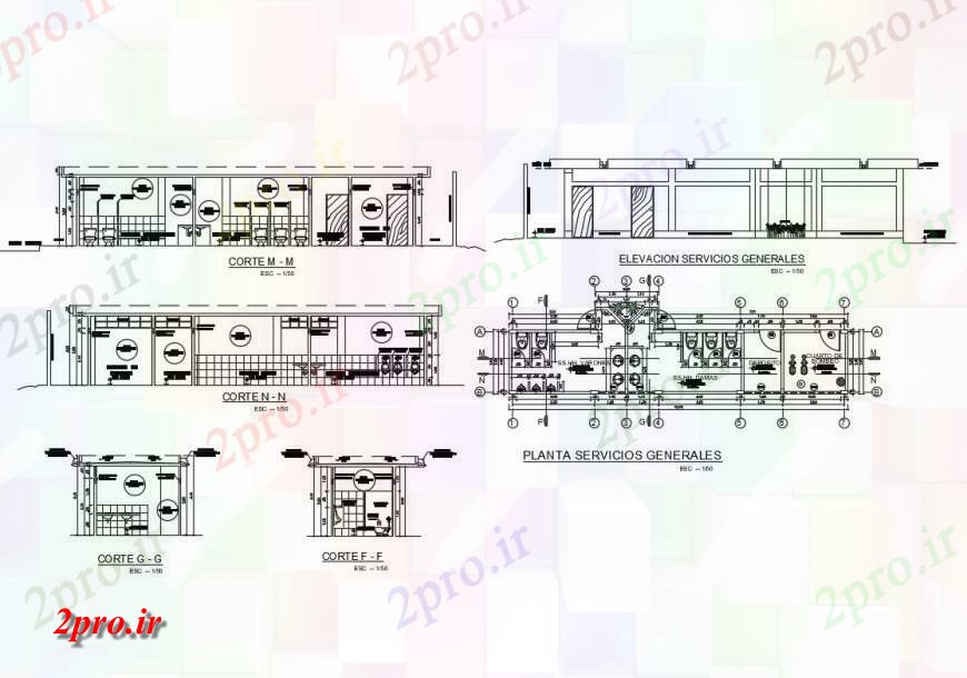 دانلود نقشه بلوک های بهداشتی طرح، نما و جزئیات مقطعی از سرویس بهداشتی  طرحی  (کد124694)