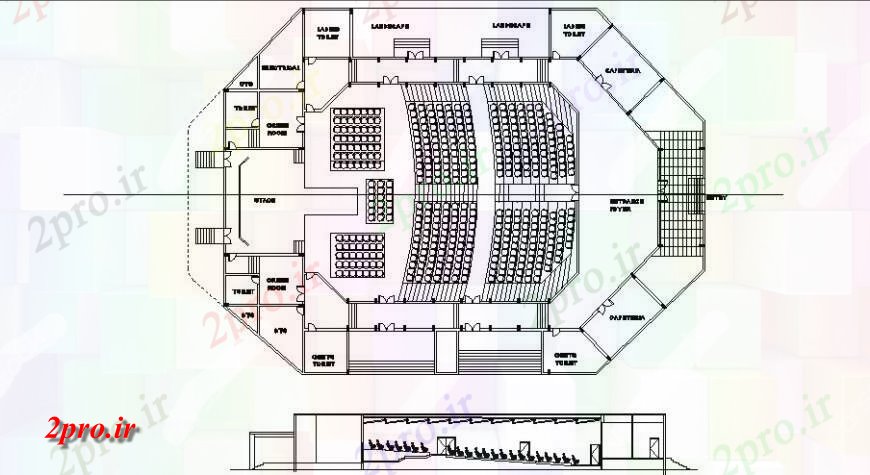 دانلود نقشه تئاتر چند منظوره - سینما - سالن کنفرانس - سالن همایشطرحی تئاتر روی صفحه تنها و جزئیات نما طراحی اتوکد 41 در 57 متر (کد124715)