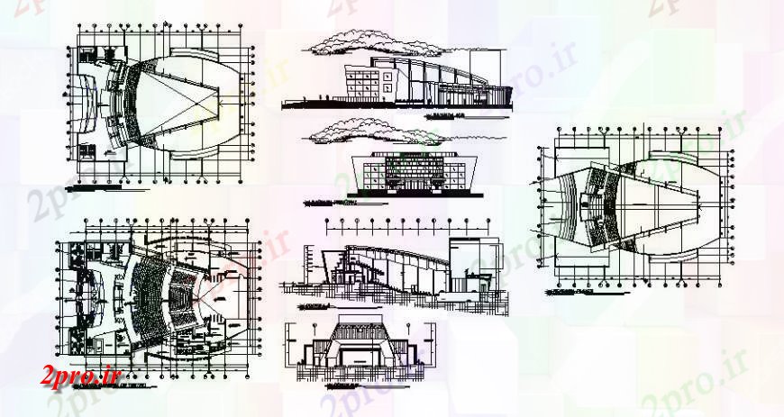 دانلود نقشه تئاتر چند منظوره - سینما - سالن کنفرانس - سالن همایشچند جزئیات تئاتر روی صفحه طراحی اتوکد 36 در 56 متر (کد124727)