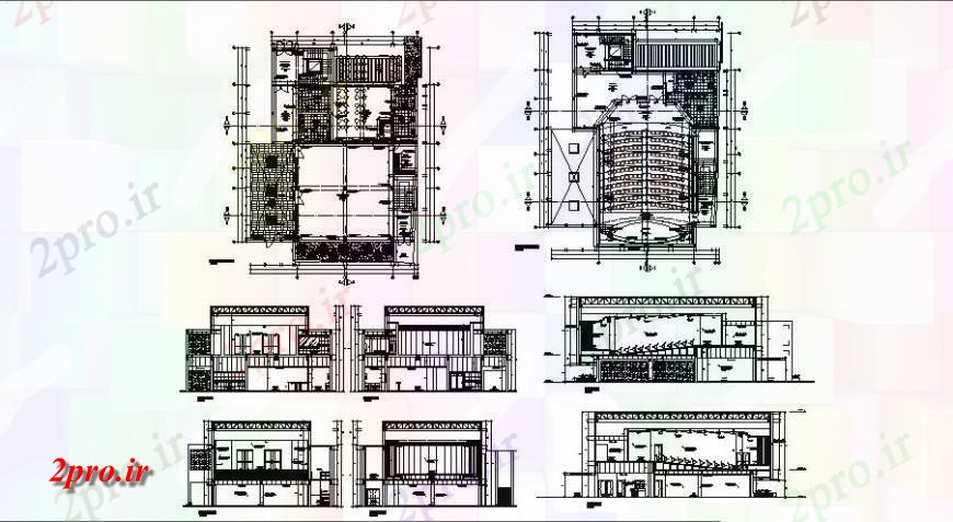 دانلود نقشه تئاتر چند منظوره - سینما - سالن کنفرانس - سالن همایشدو طبقه طراحی جزئیات تئاتر اتوکد 22 در 25 متر (کد124734)