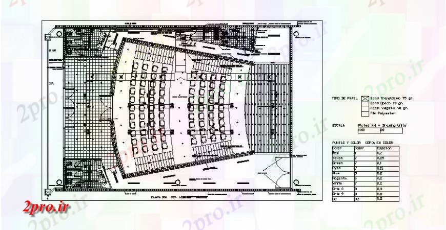 دانلود نقشه تئاتر چند منظوره - سینما - سالن کنفرانس - سالن همایشسالن طرحی جزئیات طراحی اتوکد 16 در 24 متر (کد124740)