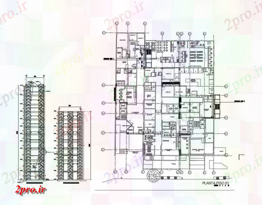 دانلود نقشه ساختمان اداری - تجاری - صنعتی طرحی طبقه اول و جزئیات مقطعی از دفتر شرکت ساخت و ساز (کد124743)