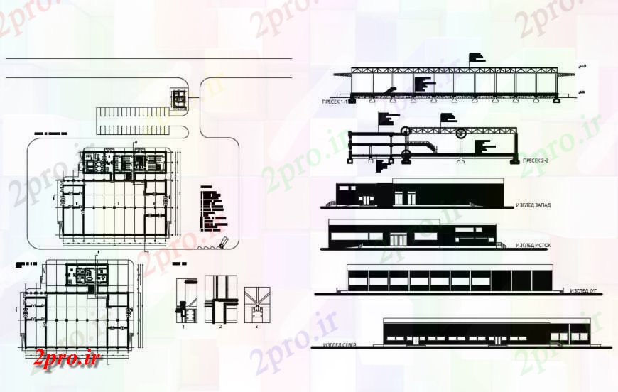 دانلود نقشه کارخانه صنعتی  ، کارگاه سالن صنعتی  تمام نما، بخش و طرحی های  طرفه جزئیات طراحی  (کد124764)