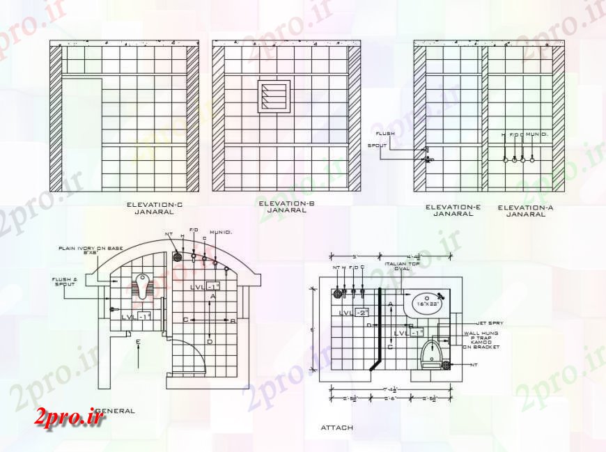 دانلود نقشه حمام مستر نما و طرحی جزئیات از حمام بهداشتی  طرحی بلوک  (کد124765)