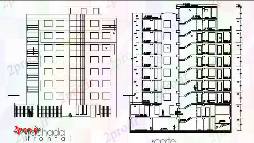 دانلود نقشه مسکونی ، ویلایی ، آپارتمان نما نما و بخش جزئیات آپارتمان چند طبقه ساخت 15 در 19 متر (کد124778)