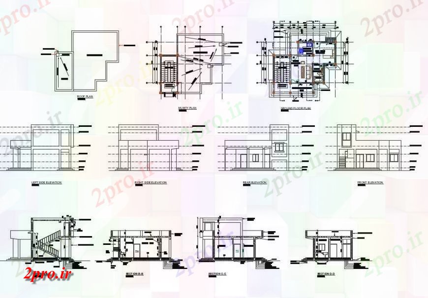 دانلود نقشه مسکونی ، ویلایی ، آپارتمان House تمام نما طرفه، بخش، طرحی طبقه و طرحی سقف جزئیات 6 در 9 متر (کد124799)