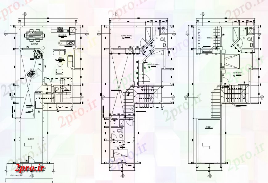 دانلود نقشه مسکونی ، ویلایی ، آپارتمان طرحی جزئیات آپارتمان دو بعدی طرحی دیدگاه سه طبقه اتوکد 6 در 15 متر (کد124875)