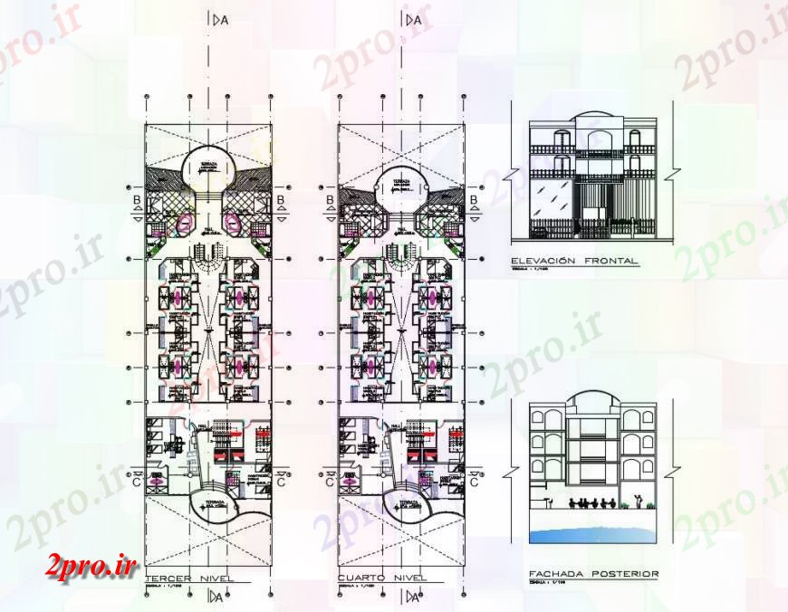 دانلود نقشه هتل - رستوران - اقامتگاه تجملات هتل نما برش و کف طرحی های 42 در 60 متر (کد124883)