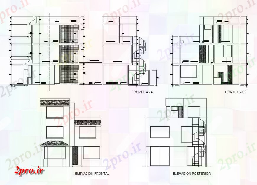 دانلود نقشه مسکونی  ، ویلایی ، آپارتمان  سه سطح نما خانه و بخش (کد124962)