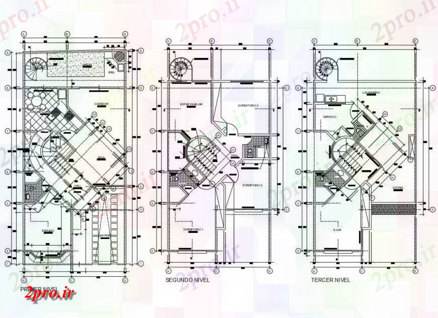 دانلود نقشه مسکونی ، ویلایی ، آپارتمان اول، دوم و طرحی تراس مشخصات سه سطح خانه 8 در 13 متر (کد124963)