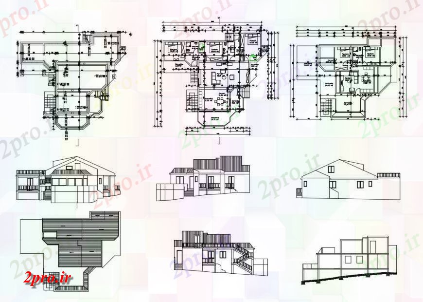 دانلود نقشه مسکونی ، ویلایی ، آپارتمان نما خانه، بخش، طرحی طبقه، طرحی فریم، طرحی سقف و خودکار جزئیات 12 در 18 متر (کد124972)