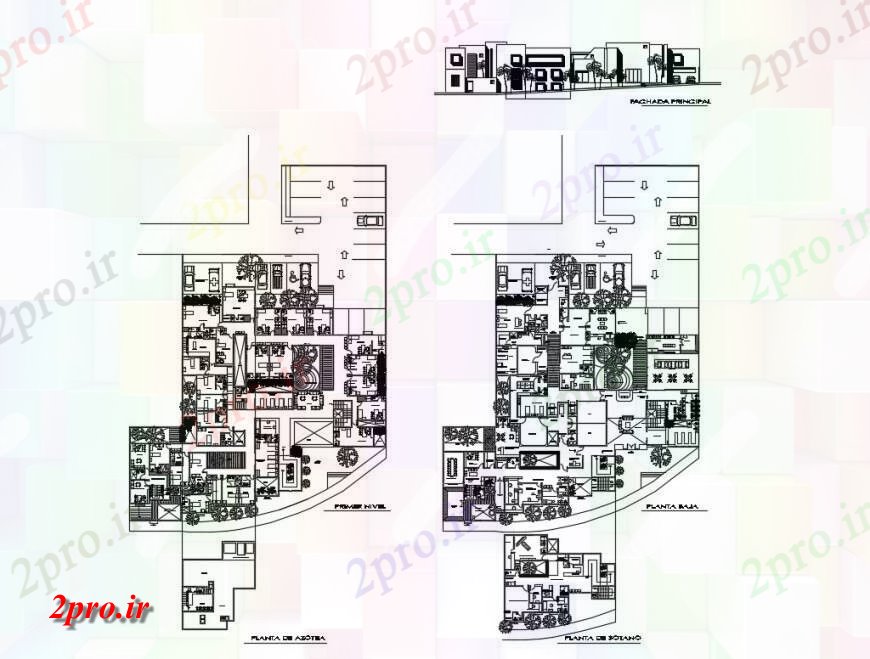 دانلود نقشه بیمارستان - درمانگاه - کلینیک شهری بیمارستان نما اصلی و زمین و طرحی طبقه اول جزئیات 47 در 51 متر (کد124974)