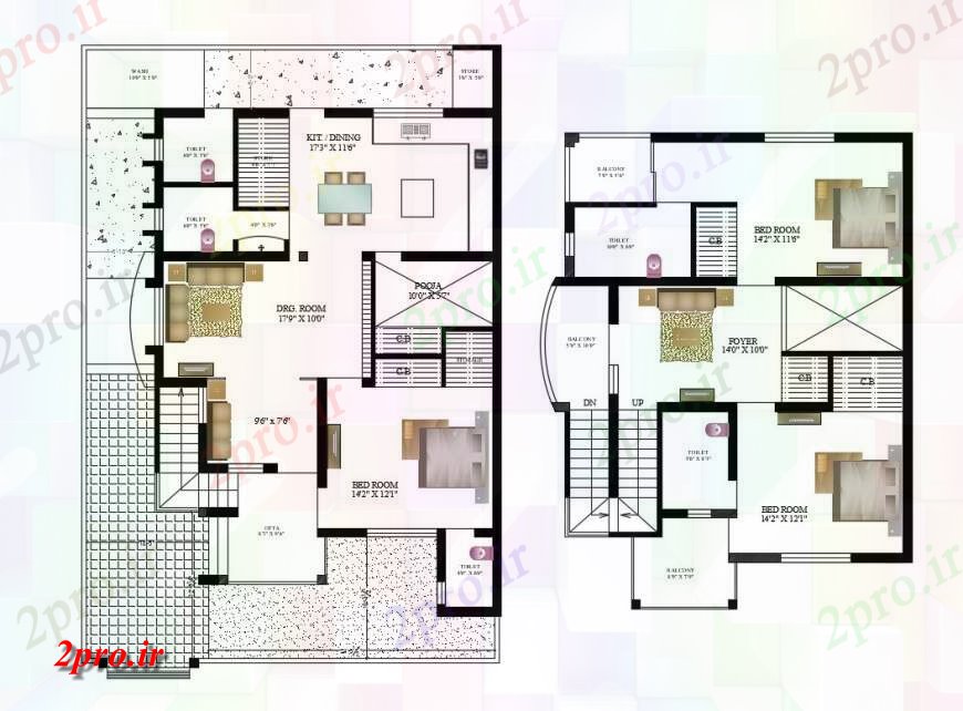 دانلود نقشه مسکونی ، ویلایی ، آپارتمان دو طبقه کف خانه طرحی 8 در 14 متر (کد124983)