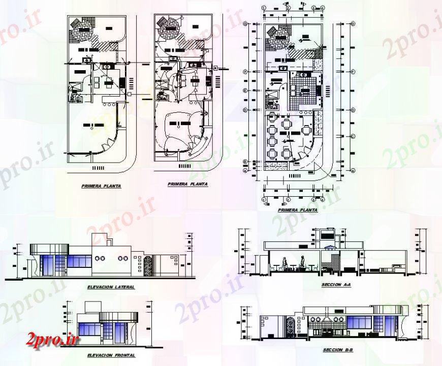 دانلود نقشه جزئیات فضای داخلی ناهار خوری رستوران طرحی ساختمان، نما و بخش چیدمان دو بعدی اتوکد 7 در 17 متر (کد125002)