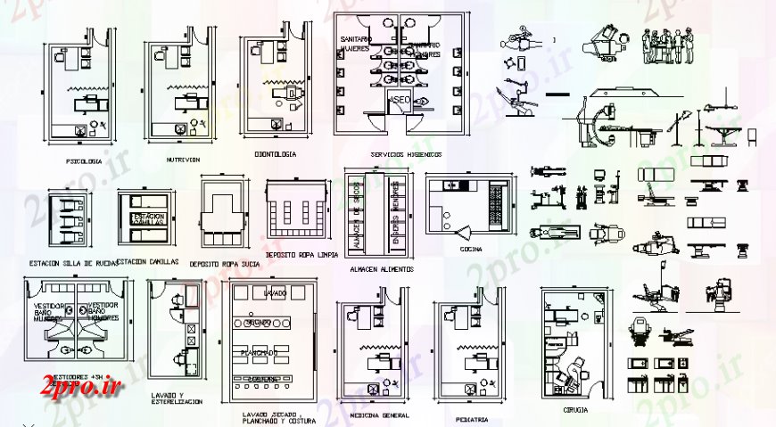 دانلود نقشه بلوک مبلمان بلوک دو بعدی  انواع مختلف تجهیزات بیمارستانی طراحی (کد125264)