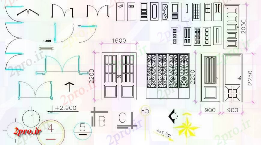 دانلود نقشه جزئیات طراحی در و پنجره  درب متعدد و بلوک های داخلی  (کد125274)