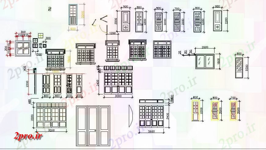 دانلود نقشه جزئیات طراحی در و پنجره  خانه درها و پنجره ها بلوک های متعدد  (کد125291)