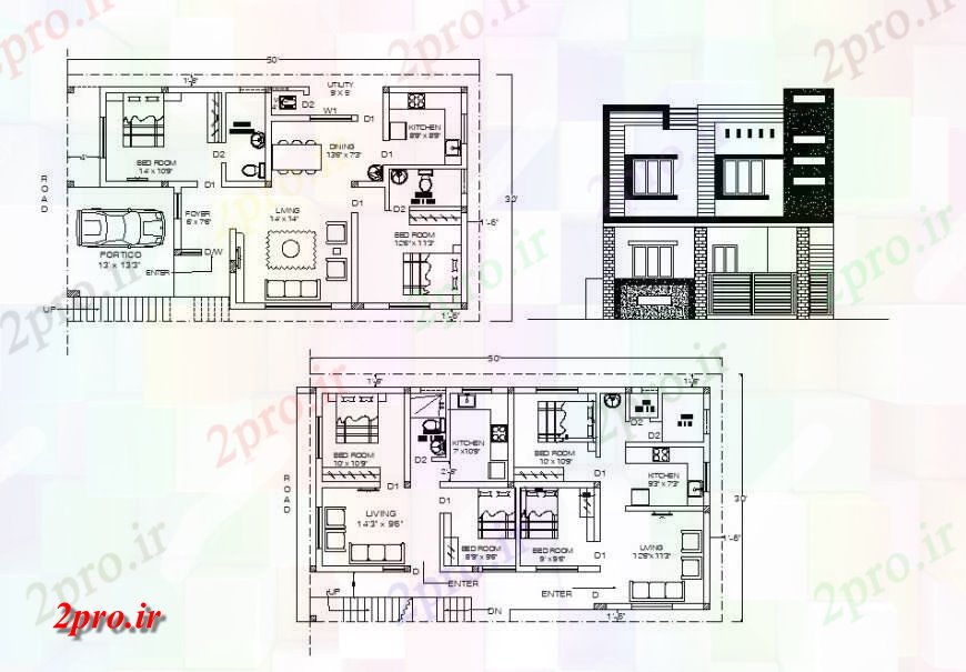 دانلود نقشه مسکونی  ، ویلایی ، آپارتمان  نما و طرحی جزئیات از دو طبقه  طرحی خانه اتوکد (کد125329)