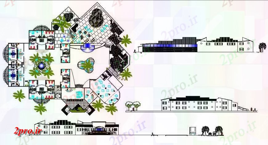 دانلود نقشه هتل - رستوران - اقامتگاه  تجملات هتل نما، بخش و طرحی جزئیات (کد125343)