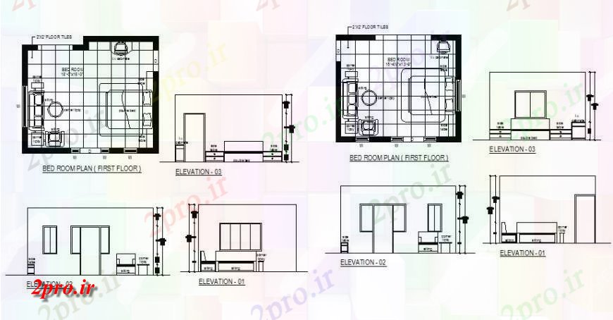 دانلود نقشه حمام مستر نما اتاق خواب و طرحی های 8 در 16 متر (کد125410)