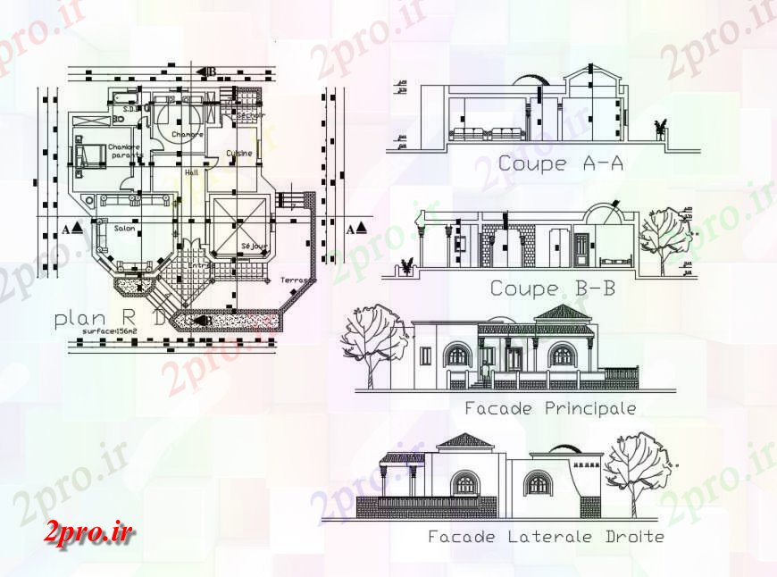 دانلود نقشه مسکونی  ، ویلایی ، آپارتمان  جزئیات دو بعدی  طرح، نما و بخش از خانه مسکونی  (کد125461)