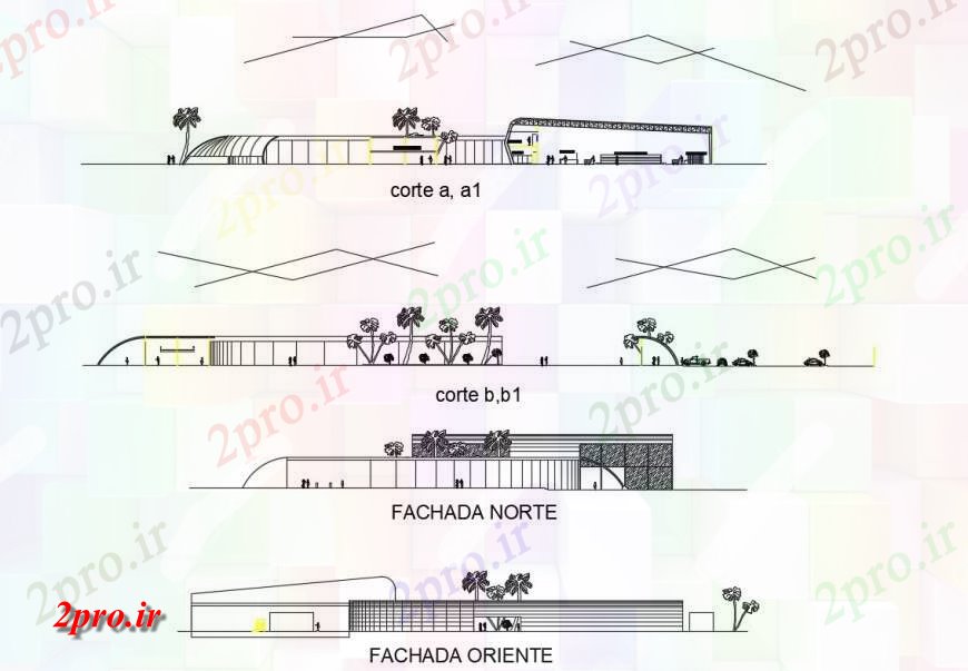 دانلود نقشه ساختمان اداری - تجاری - صنعتی نما و جزئیات مقطعی از ساختمان های تجاری دو بعدی 86 در 122 متر (کد125464)