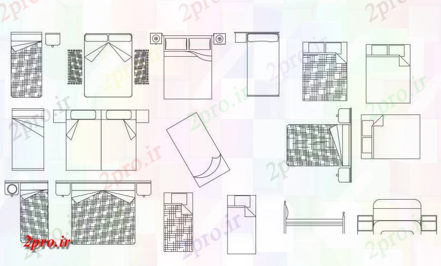 دانلود نقشه دو تخته  جزئیات نمای از بلوک های تک و دو تخت خواب مبلمان  (کد125597)